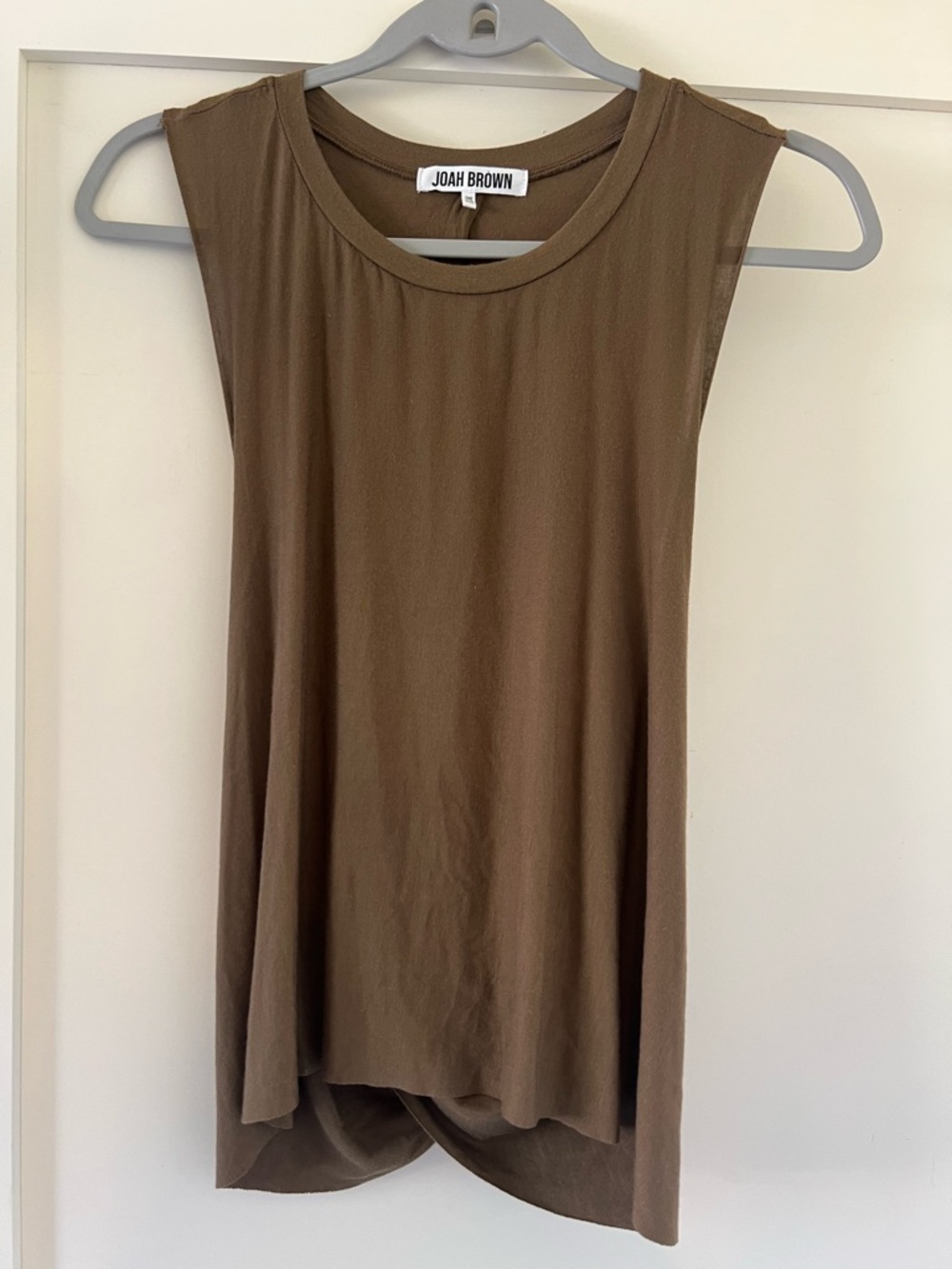 Joah Brown Crewneck Open Back Sleeveless Tank Top in Taupe Brown. Made in L.A.